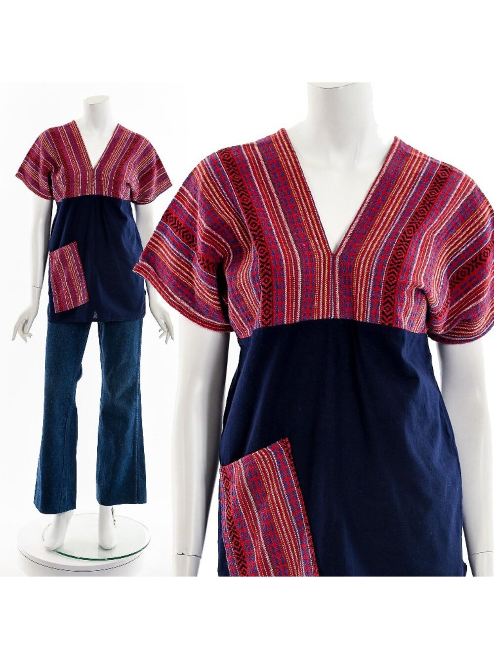 Red and Navy Woven Tunic Top 60s